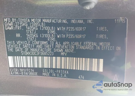 2015 Toyota Sienna Le 8 Passenger z USA, uszkodzony, nr VIN 5TDKK3DC3FS685223